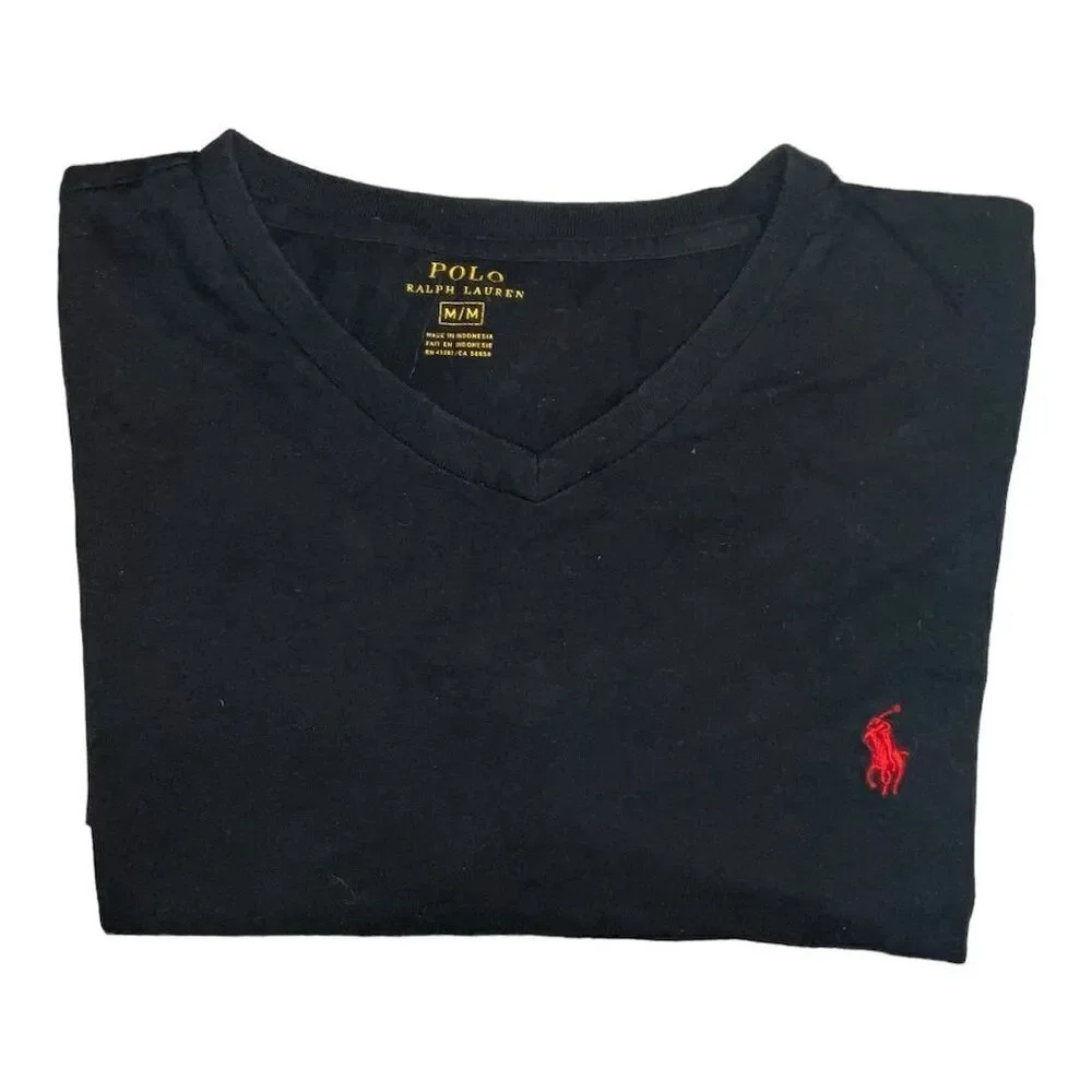 🔷 Polo Ralph Lauren Men’s V-Neck Tee –‎ Black w/ Red Pony Logo – Size M